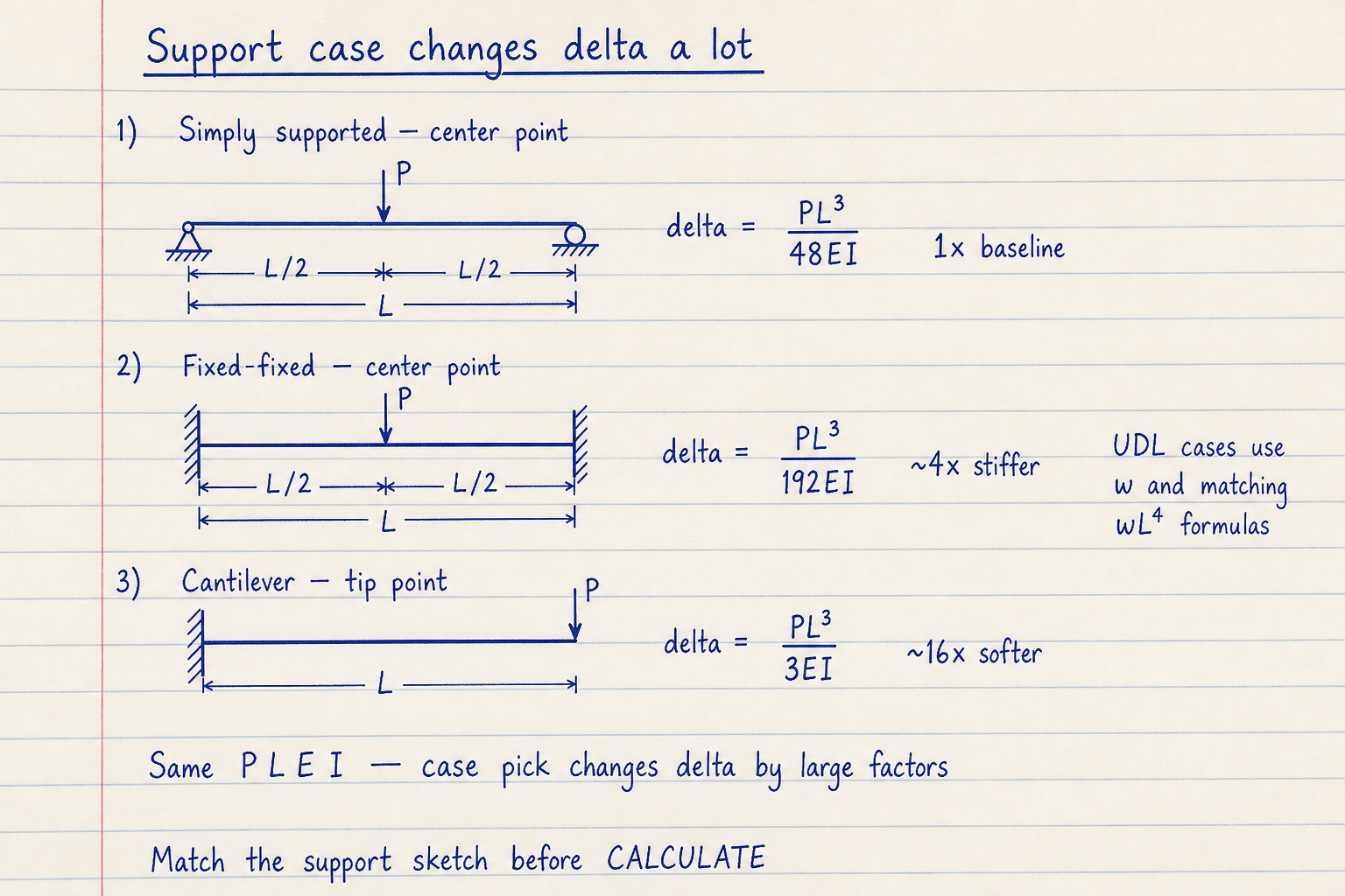 Lined notebook sketch comparing simply supported, fixed-fixed, and cantilever tip deflection formulas for equal P L E I