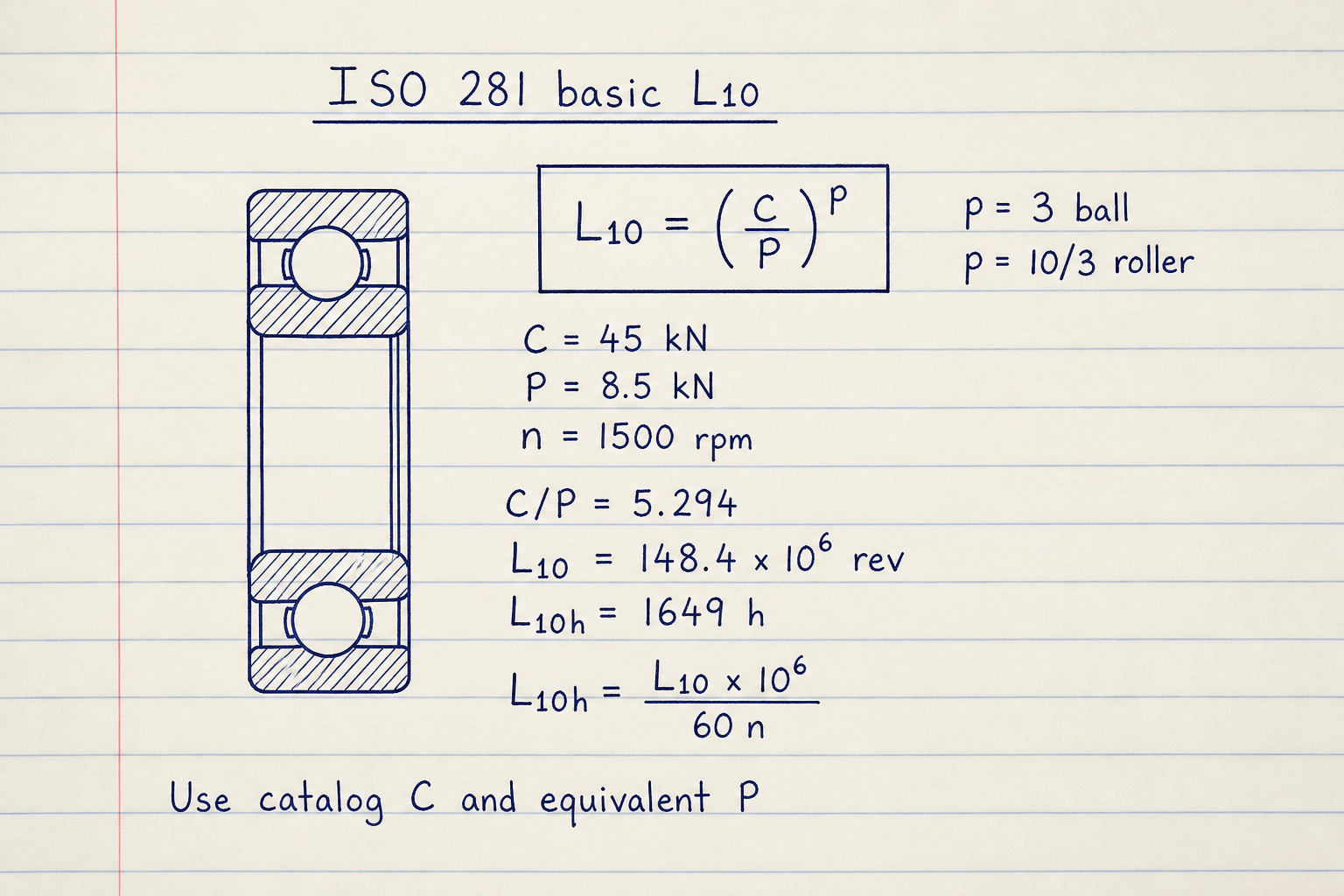 Hand-drawn L10 = (C/P)^p with hours conversion from speed