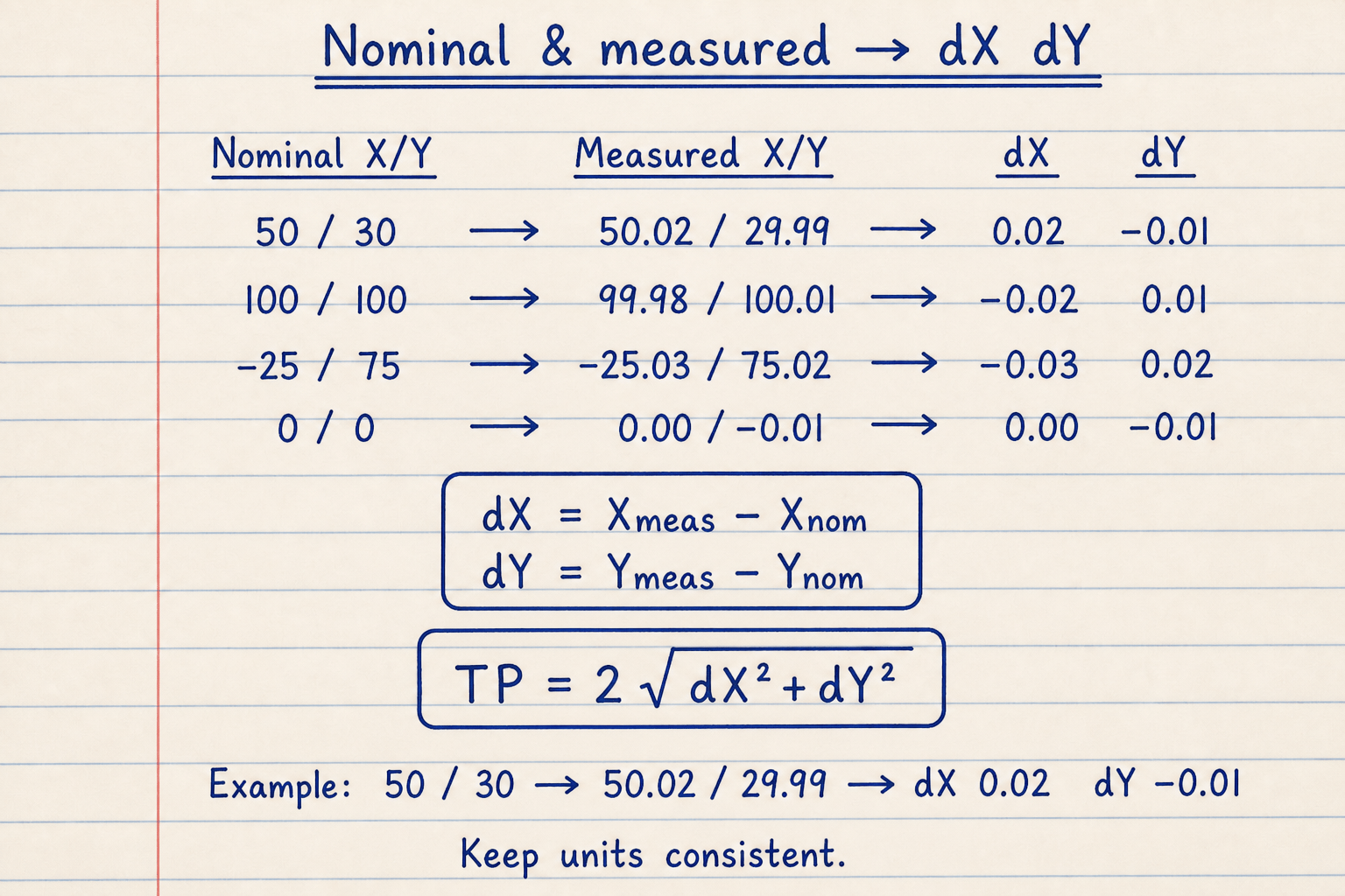 Notebook sketch converting nominal and measured X Y into dX dY then true position