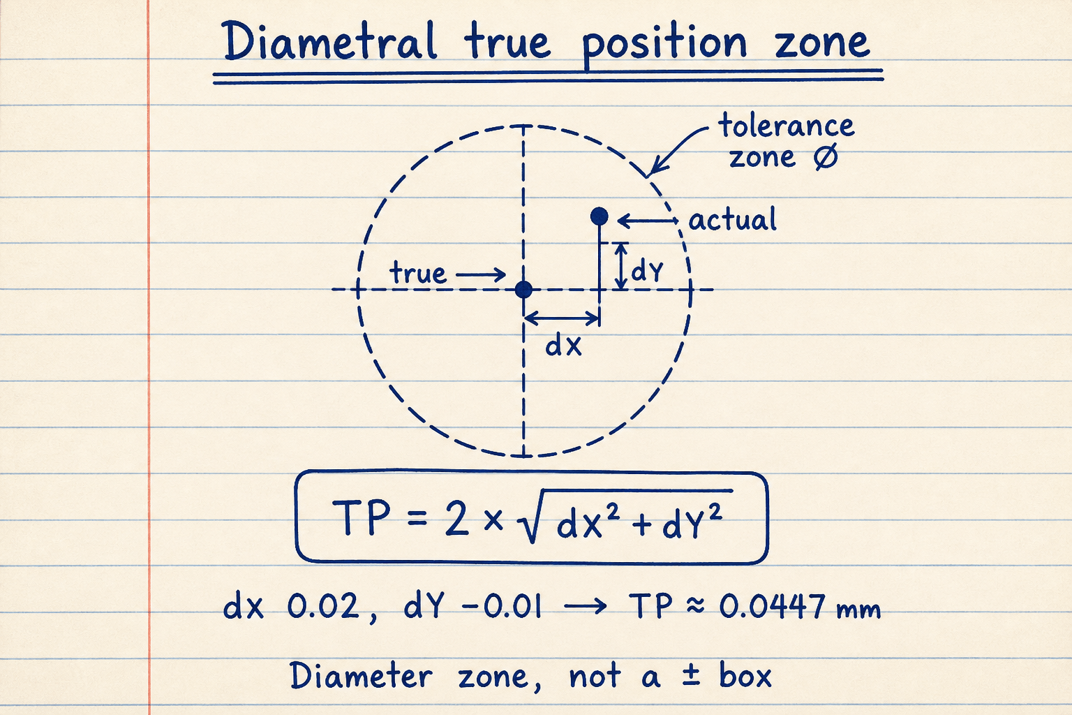 Notebook sketch of diametral true position zone with dX dY and TP equals 2 times square root of dX squared plus dY squared