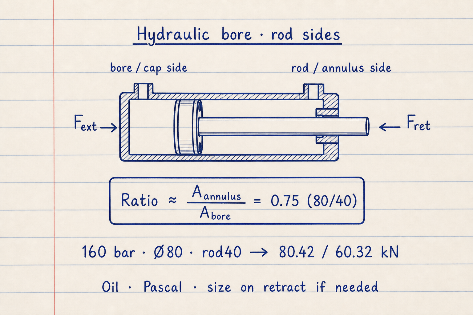 Lined notebook hydraulic cutaway showing bore and rod sides with 80.42 and 60.32 kN at 160 bar
