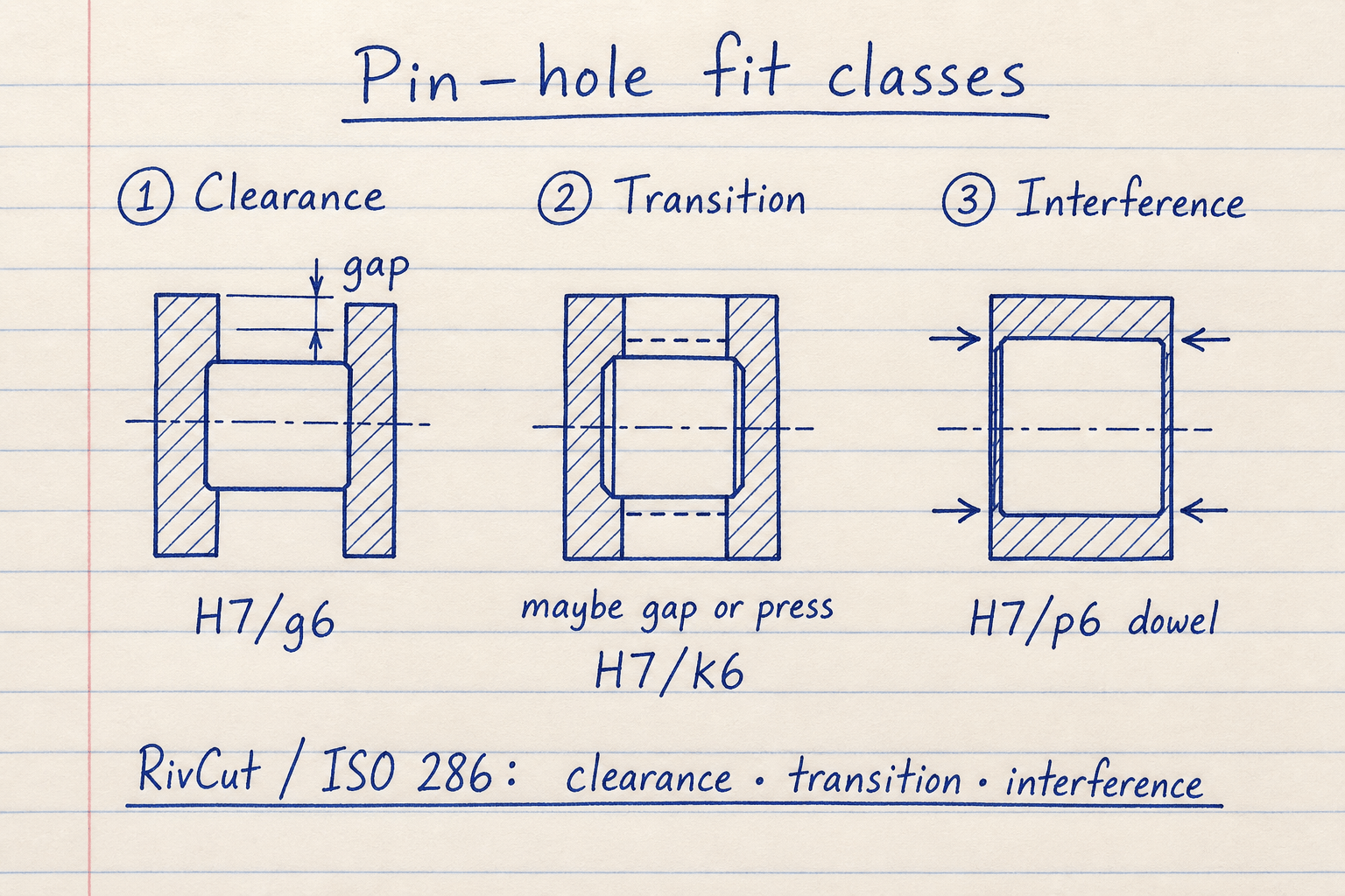 Notebook sketch of clearance transition and interference pin-hole fits with H7/g6 and H7/p6 callouts