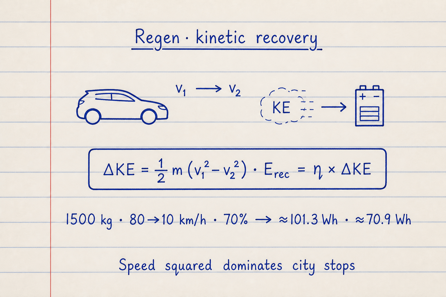 Lined notebook sketch of a car slowing v1 to v2 with kinetic energy times regen efficiency into the pack