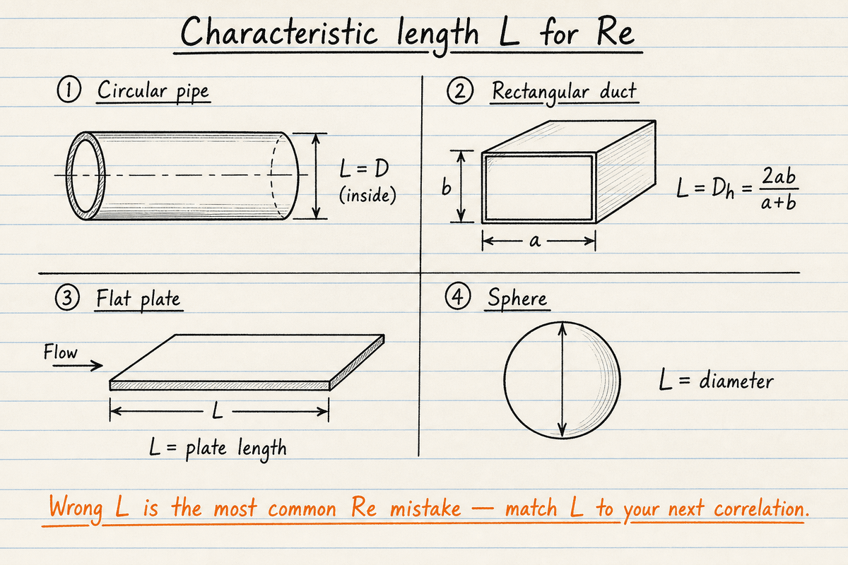 Lined notebook sketch of characteristic length L for pipe diameter, rectangular duct Dh, flat plate length, and sphere diameter