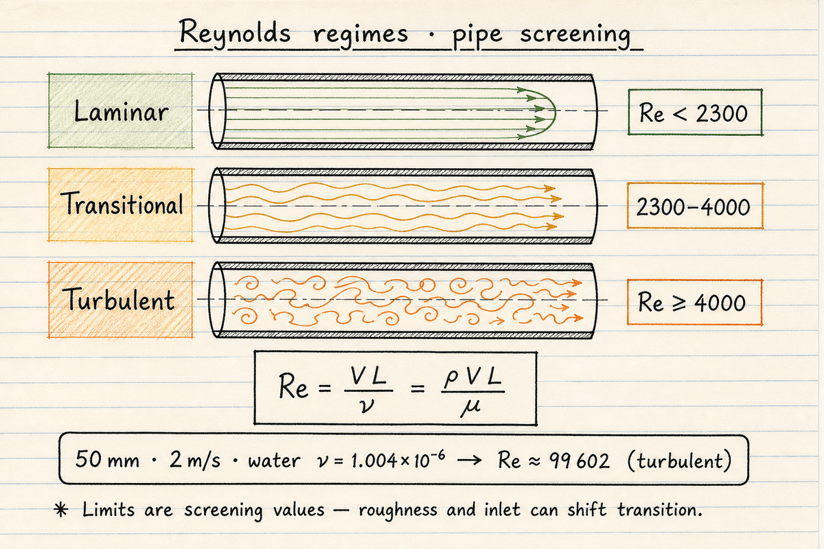 Lined notebook sketch of laminar, transitional, and turbulent pipe regimes with Re = VL/ν and default Re ≈ 99 602