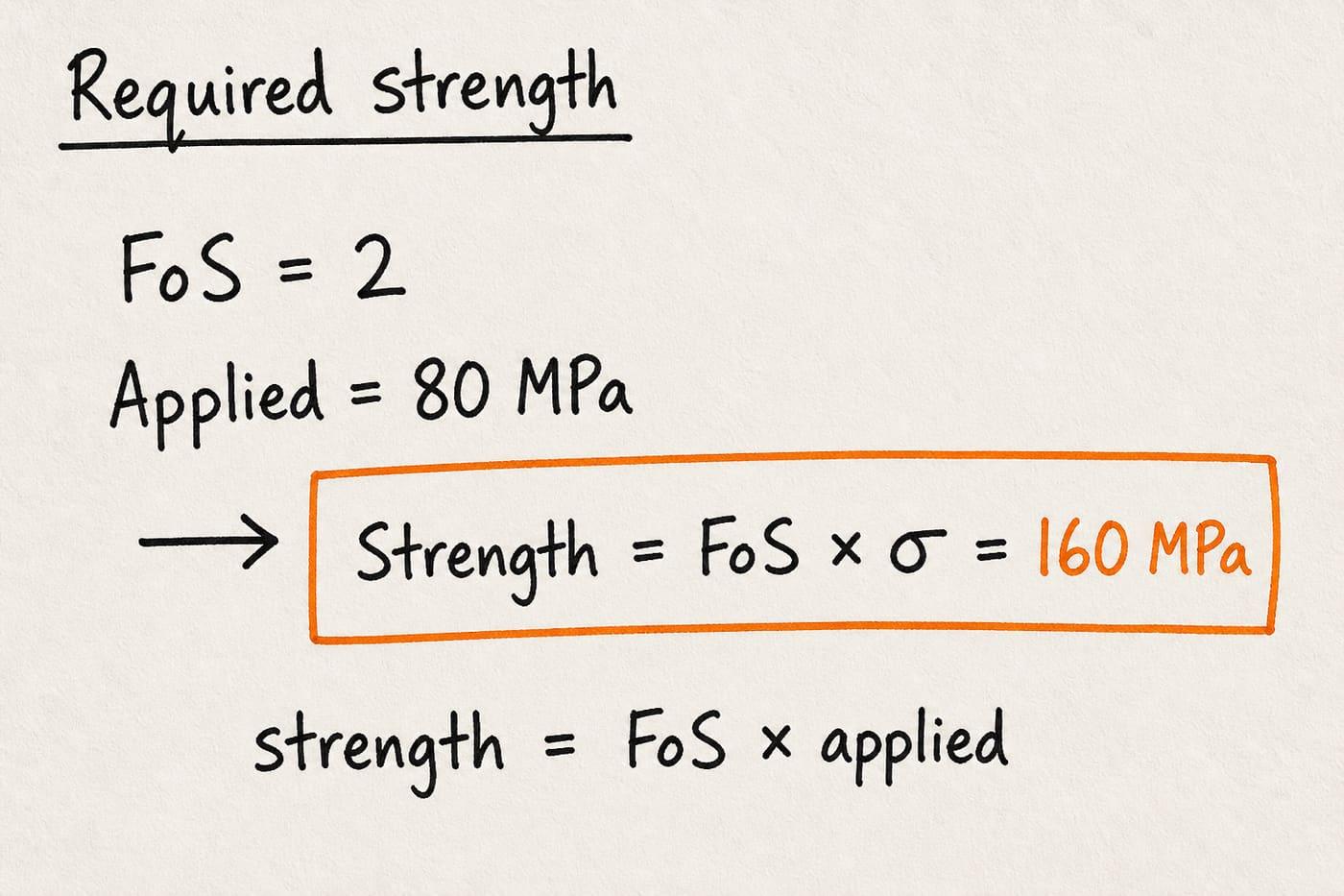 Hand-drawn required strength equals FoS times applied stress for FoS 2 and 80 MPa