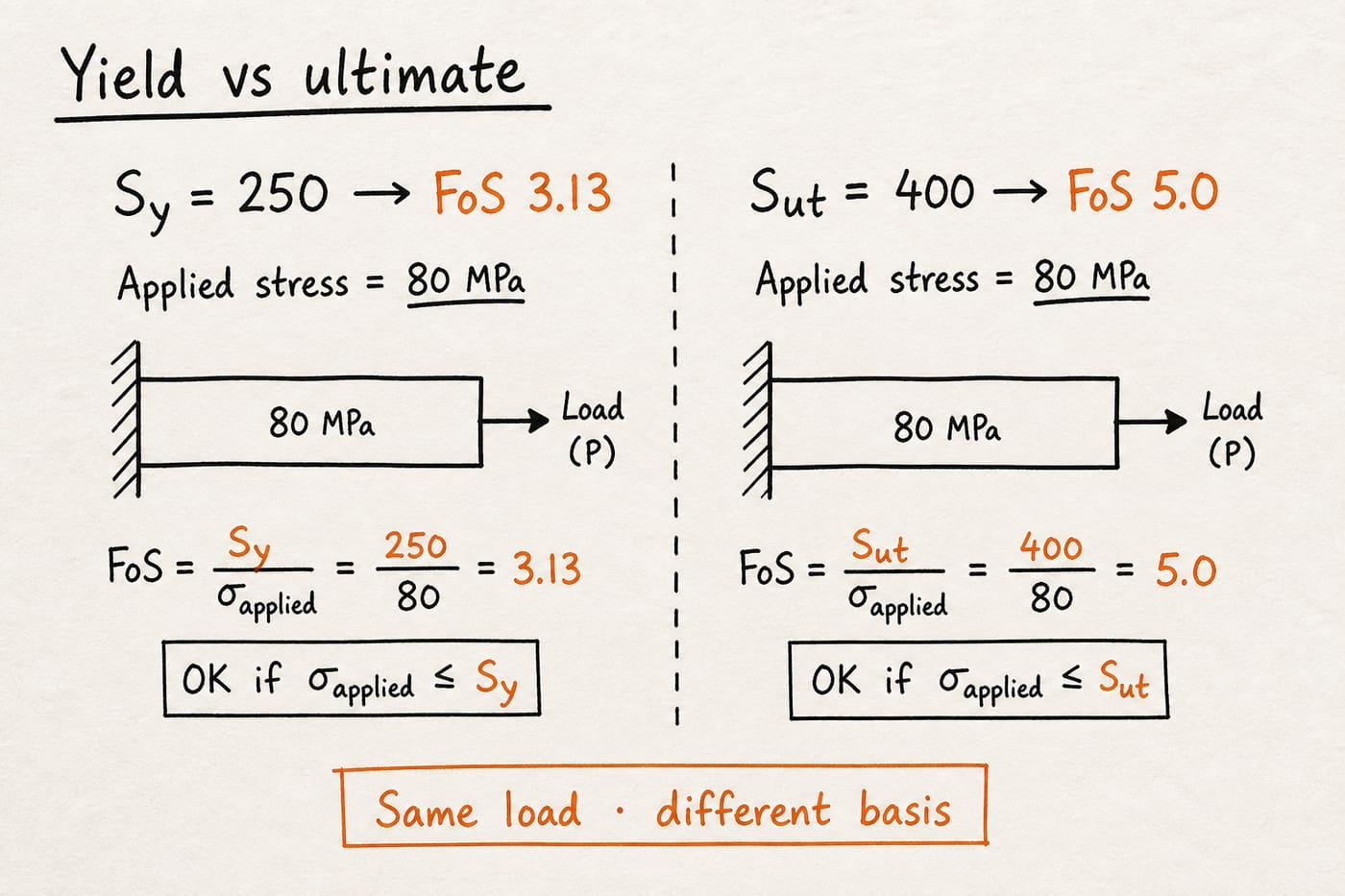 Hand-drawn comparison of yield based FoS 3.13 versus ultimate based FoS 5.0 at 80 MPa applied