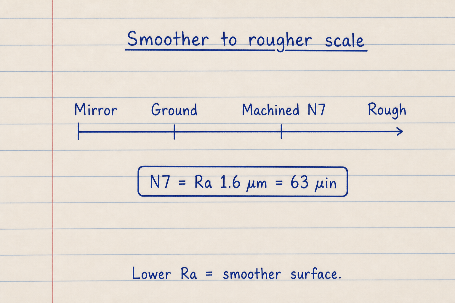 Notebook sketch of smoother to rougher finish scale from mirror to rough machined