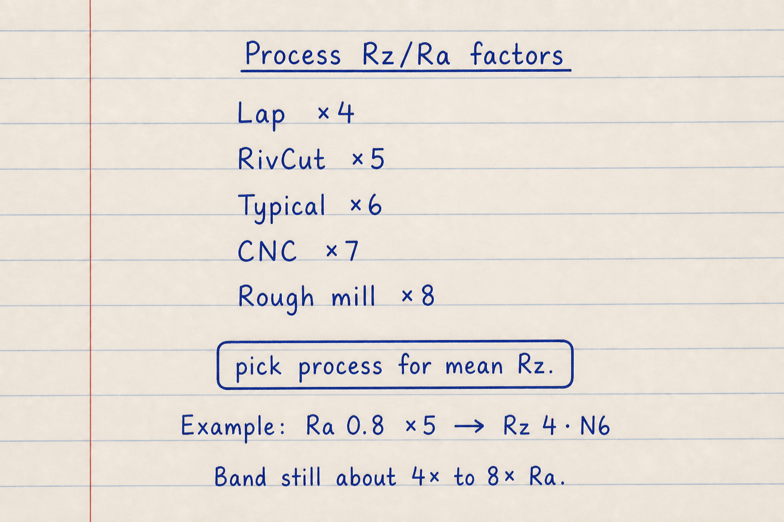 Notebook sketch of process Rz over Ra factors from lapping to rough milling