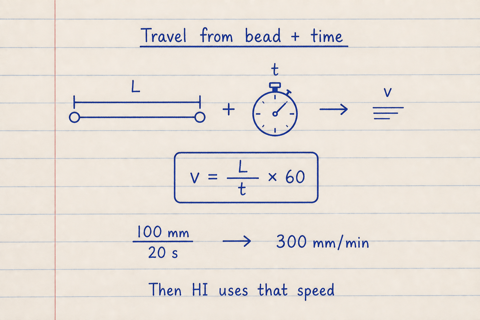 Lined notebook bead length over time giving 300 mm/min travel speed from 100 mm in 20 s