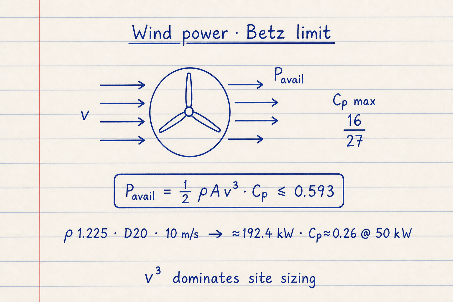 Lined notebook sketch of available wind power half rho A v cubed with Betz limit 0.593