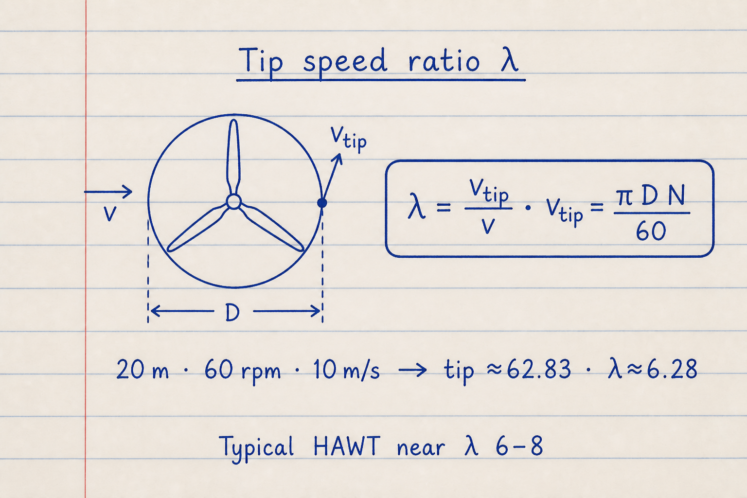 Lined notebook HAWT rotor sketch with tip speed and tip speed ratio lambda about 6.28