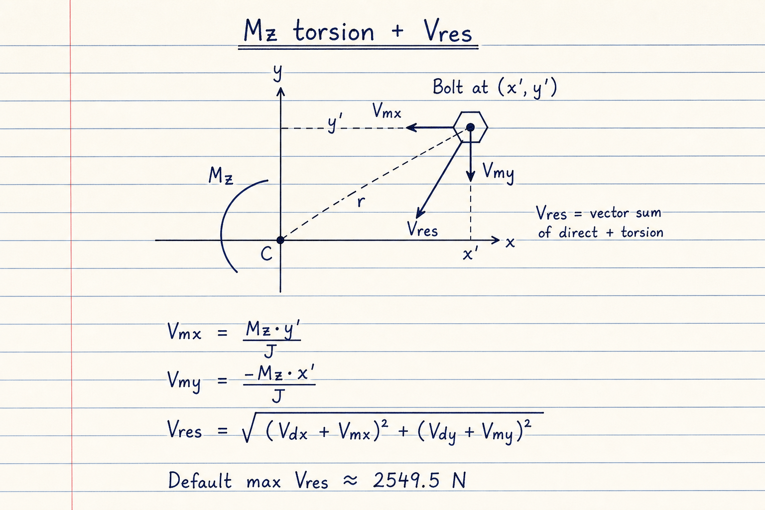 Lined-notebook sketch of torsional shear Vmx Vmy and resultant Vres on a bolt
