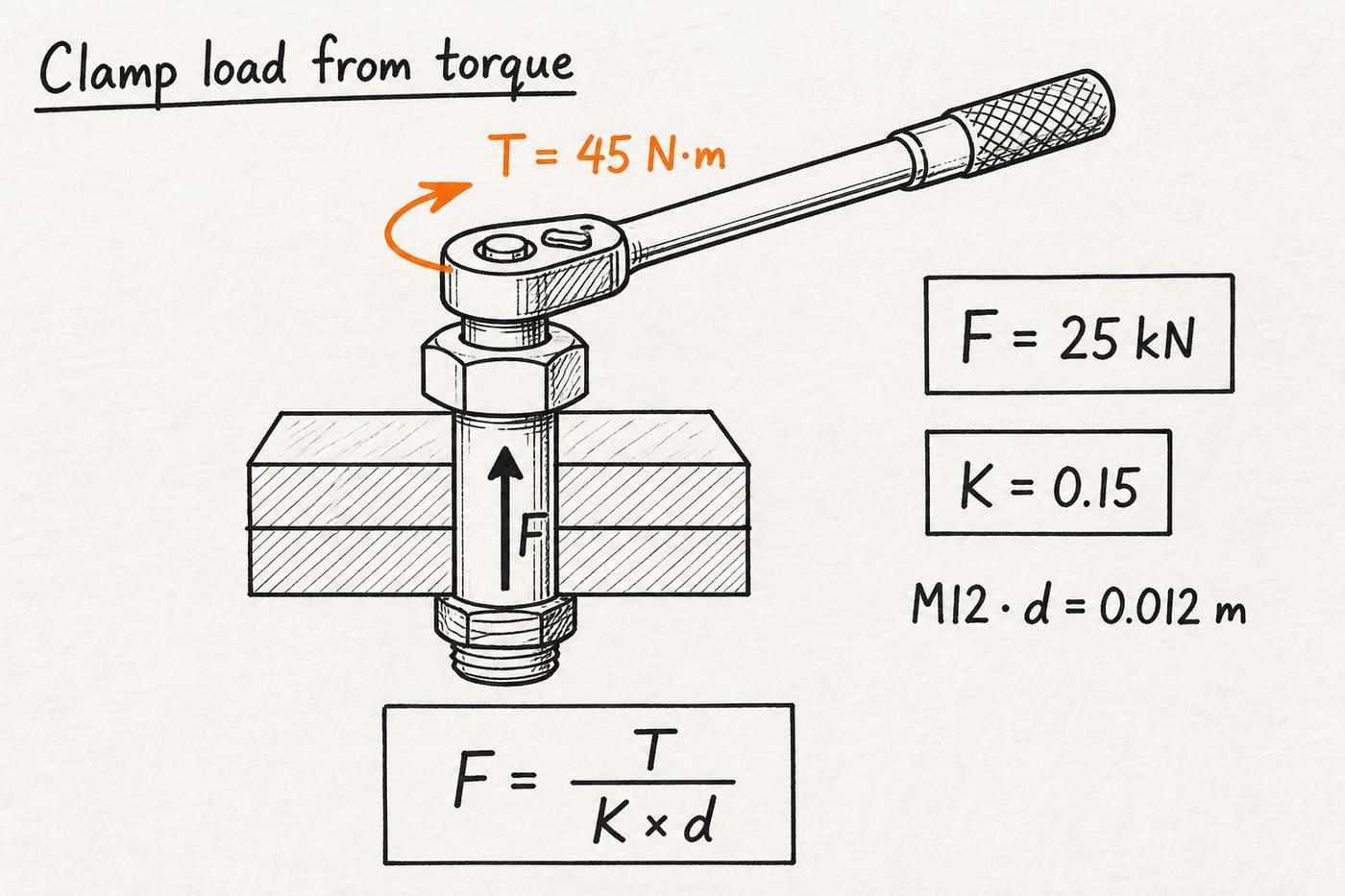 Hand-drawn bolt with applied torque 45 N·m reversing to clamp load 25 kN at K 0.15