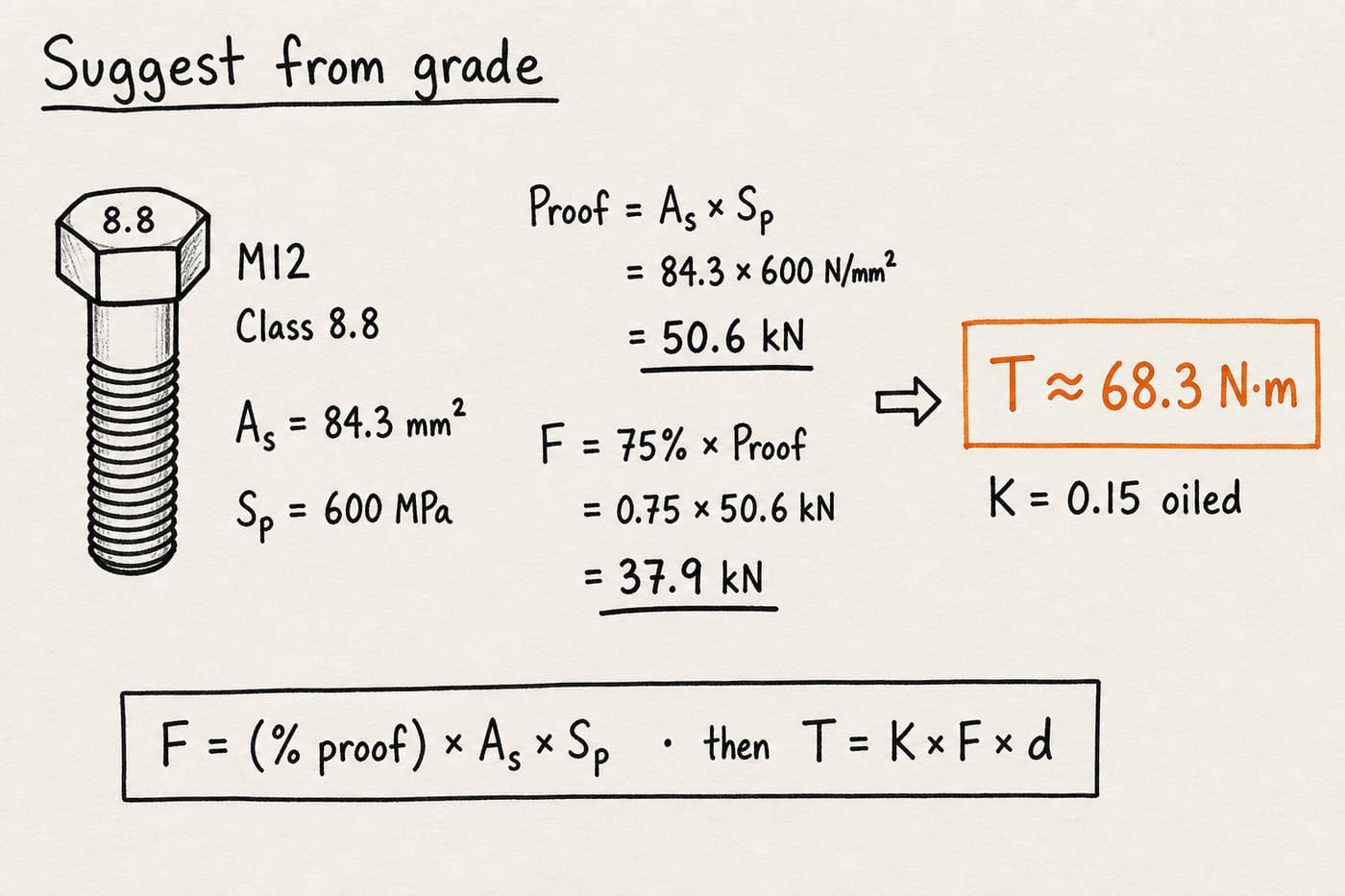Hand-drawn M12 class 8.8 proof load path at 75 percent giving about 68 N·m oiled