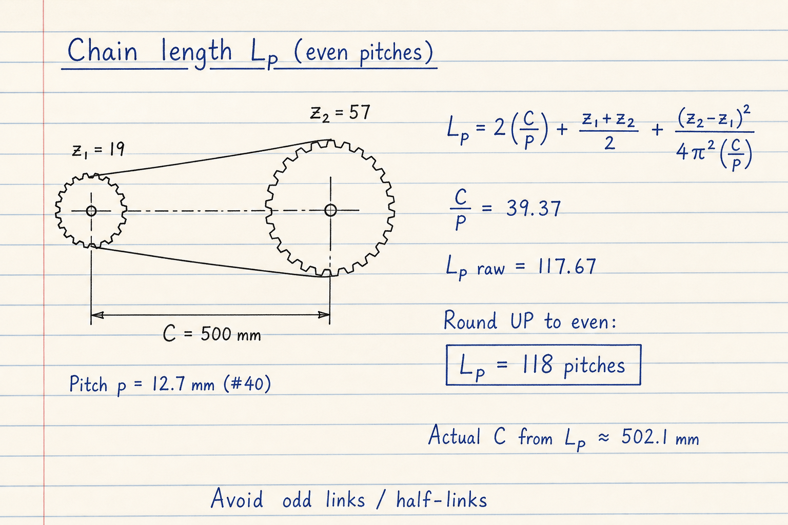 Notebook sketch of chain length Lp formula for 19/57 teeth at 500 mm center distance rounding to 118 even pitches