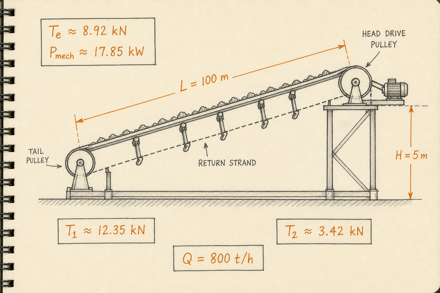 Notebook sketch of inclined conveyor with L=100 m, H=5 m, Te about 8.92 kN and motor power about 21 kW