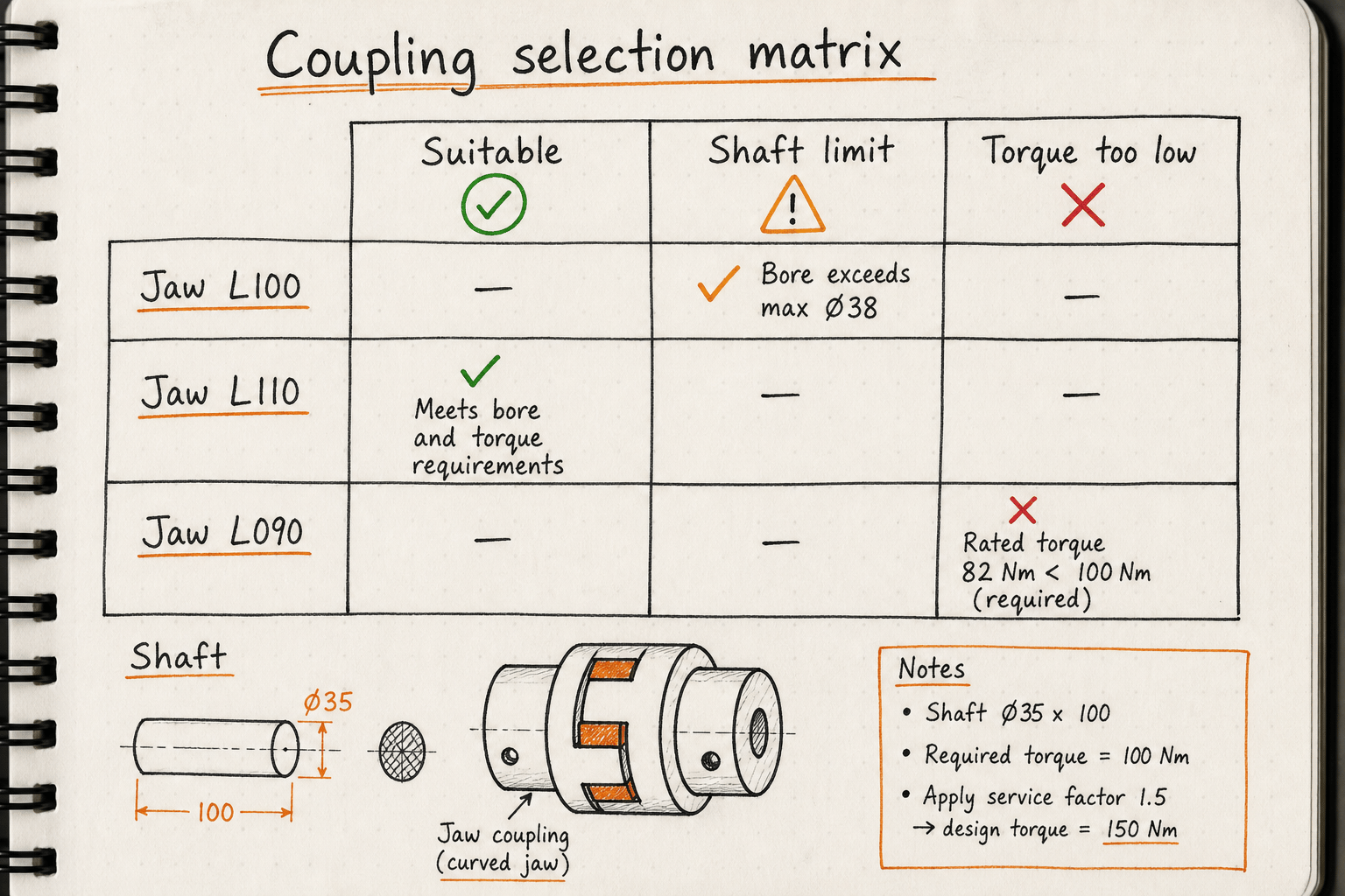 Hand-drawn coupling selection matrix with Suitable, Shaft limit, and Torque too low columns