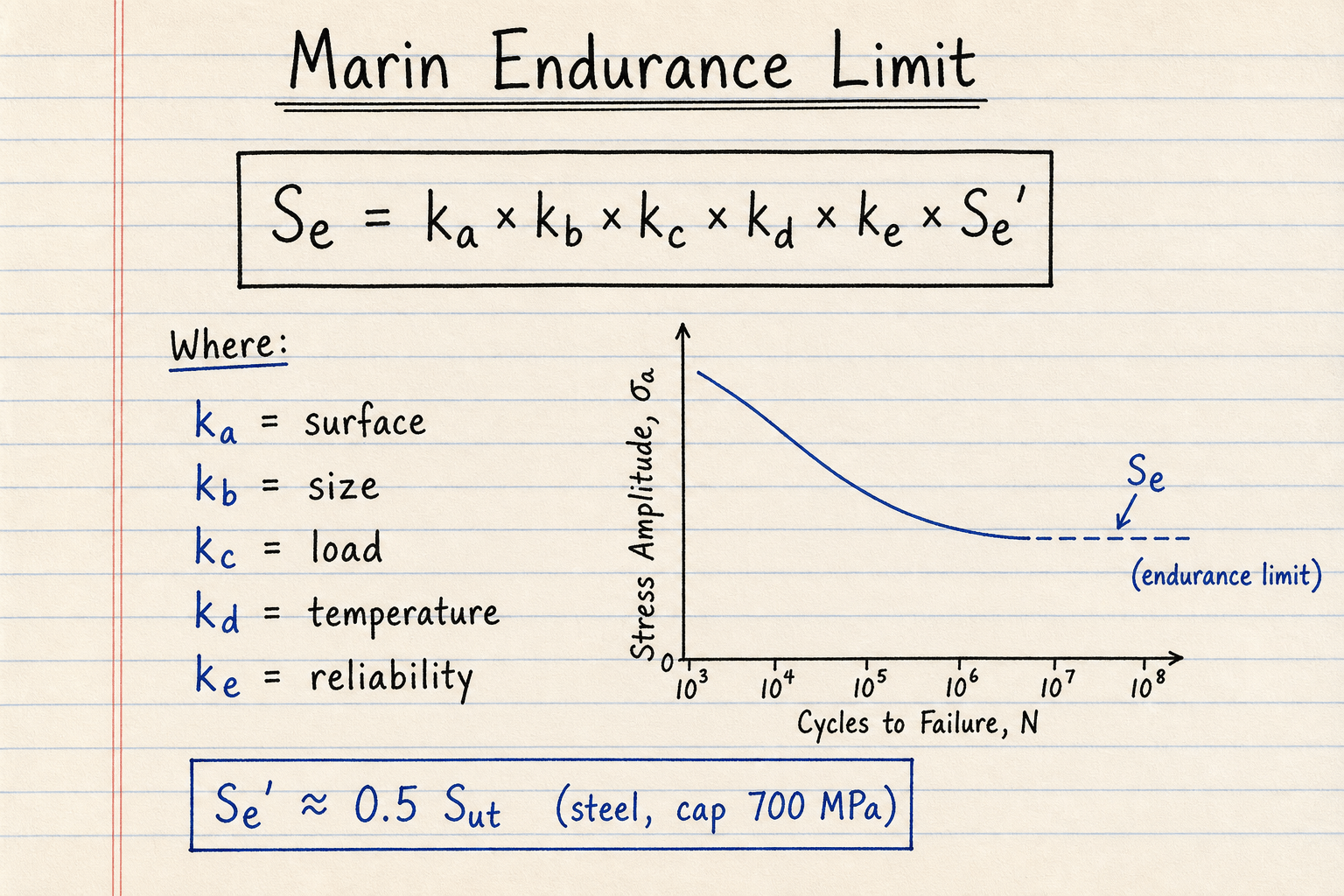 Lined-notebook sketch of Marin equation Se equals ka kb kc kd ke times Se-prime with surface size load temperature reliability factors