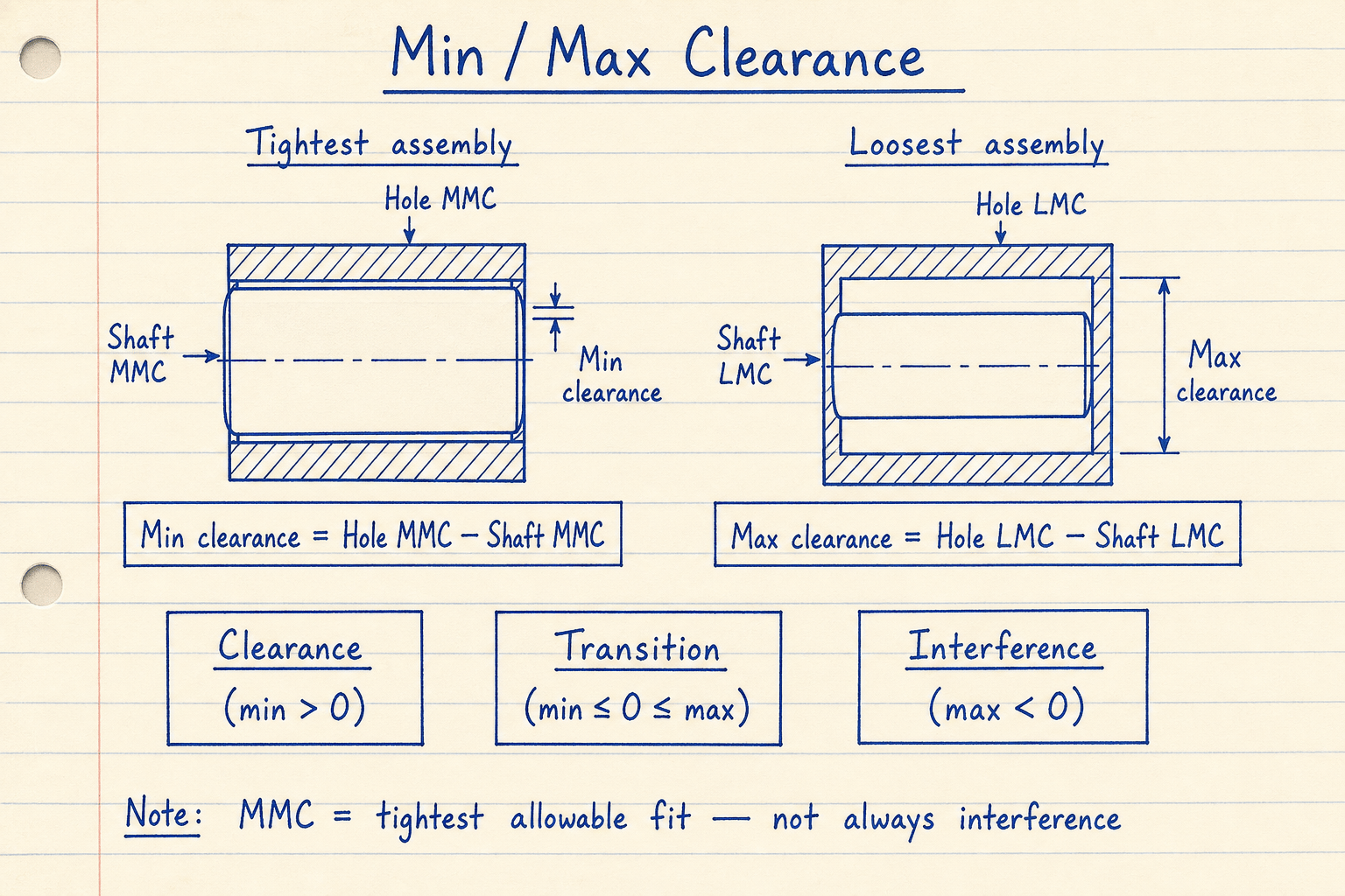 Notebook sketch of tightest and loosest shaft-hole clearance stacks with fit classes