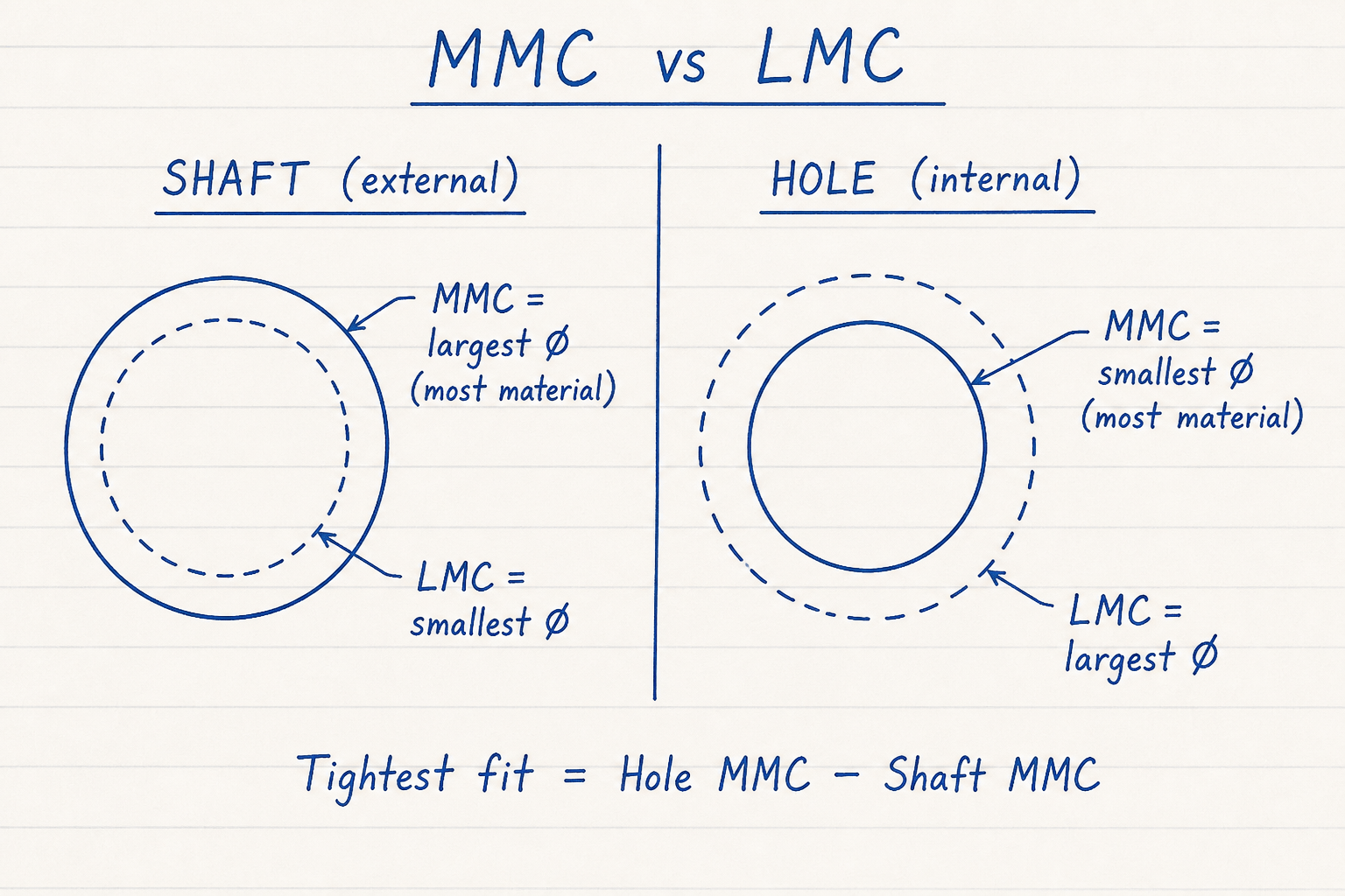 Notebook sketch comparing shaft and hole MMC versus LMC diameters