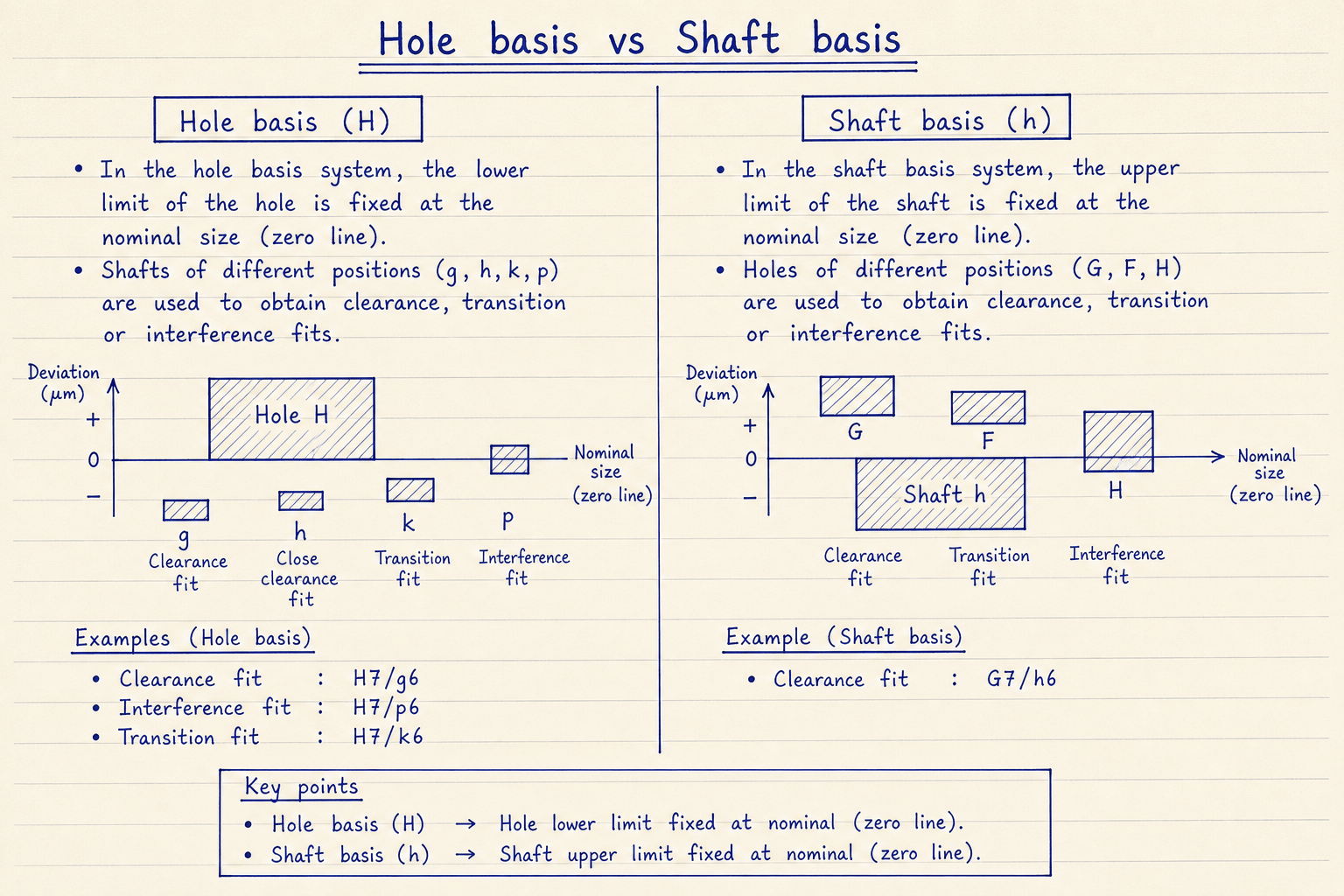 Notebook sketch comparing hole-basis H fits and shaft-basis h fits