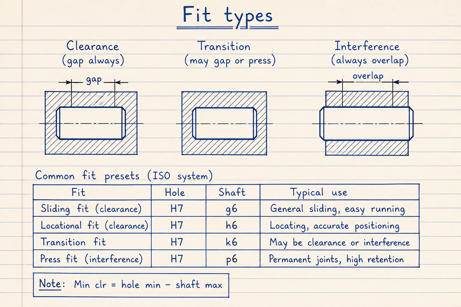 Notebook sketch of clearance transition and interference shaft-hole fits with common presets