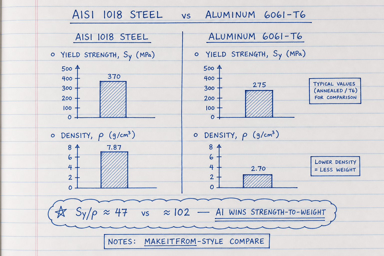 Notebook sketch comparing steel 1018 and aluminum 6061 yield and density with strength to weight callout