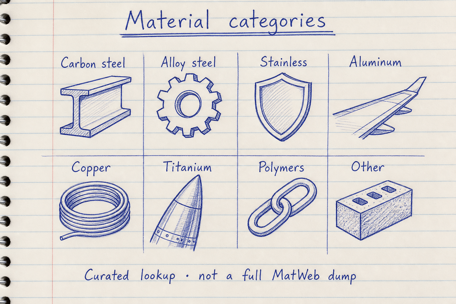 Notebook sketch of material categories steels aluminum copper titanium polymers with property icons