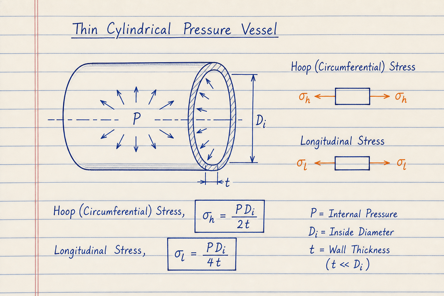 Lined-notebook sketch of a thin cylindrical pressure vessel with hoop stress sigma-h and longitudinal stress sigma-l arrows and formulas