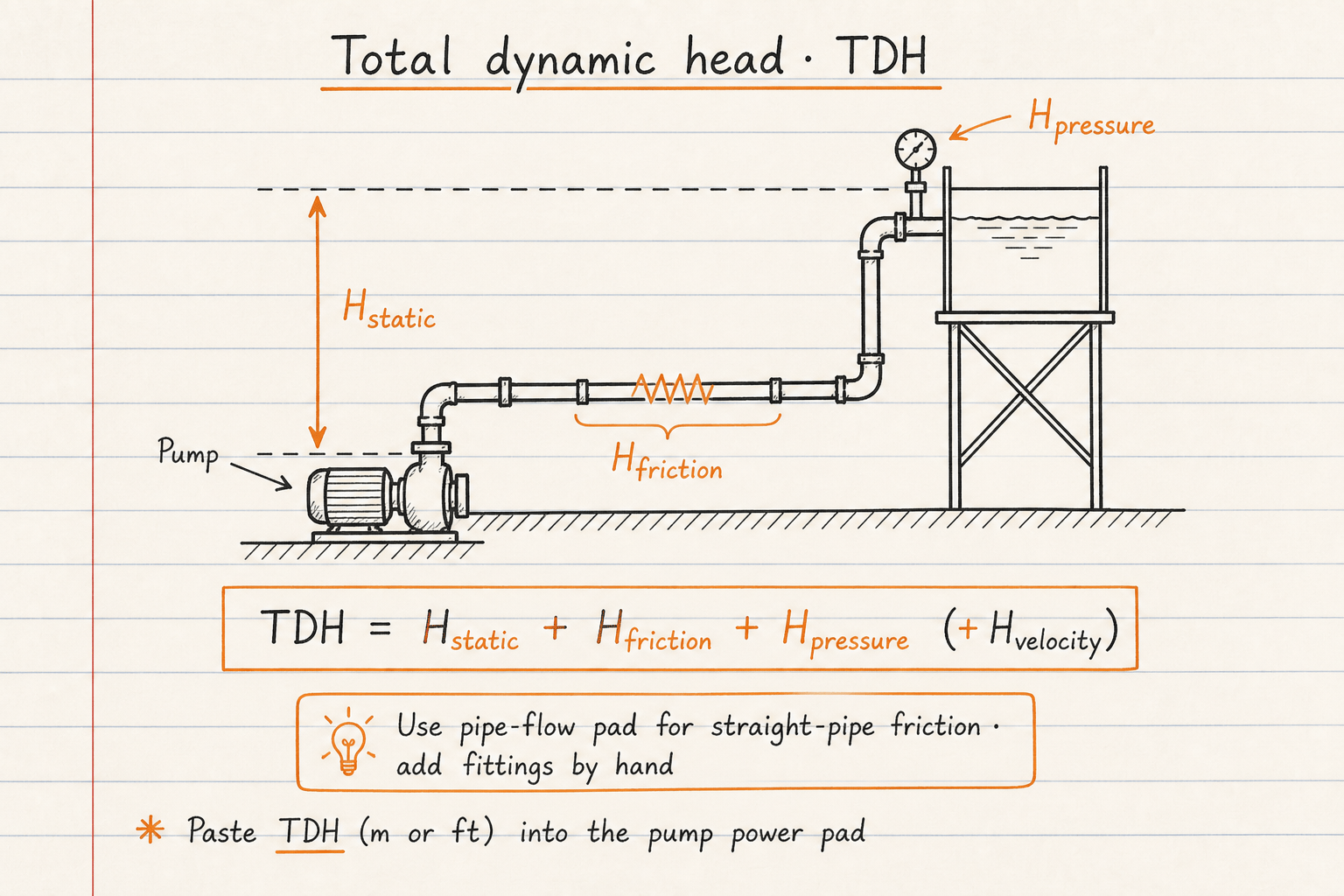 Lined notebook sketch of total dynamic head as static lift plus friction plus discharge pressure head