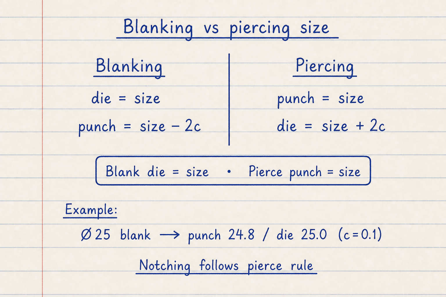 Lined notebook comparison of blanking die equals size versus piercing punch equals size with 24.8 and 25.0 mm example