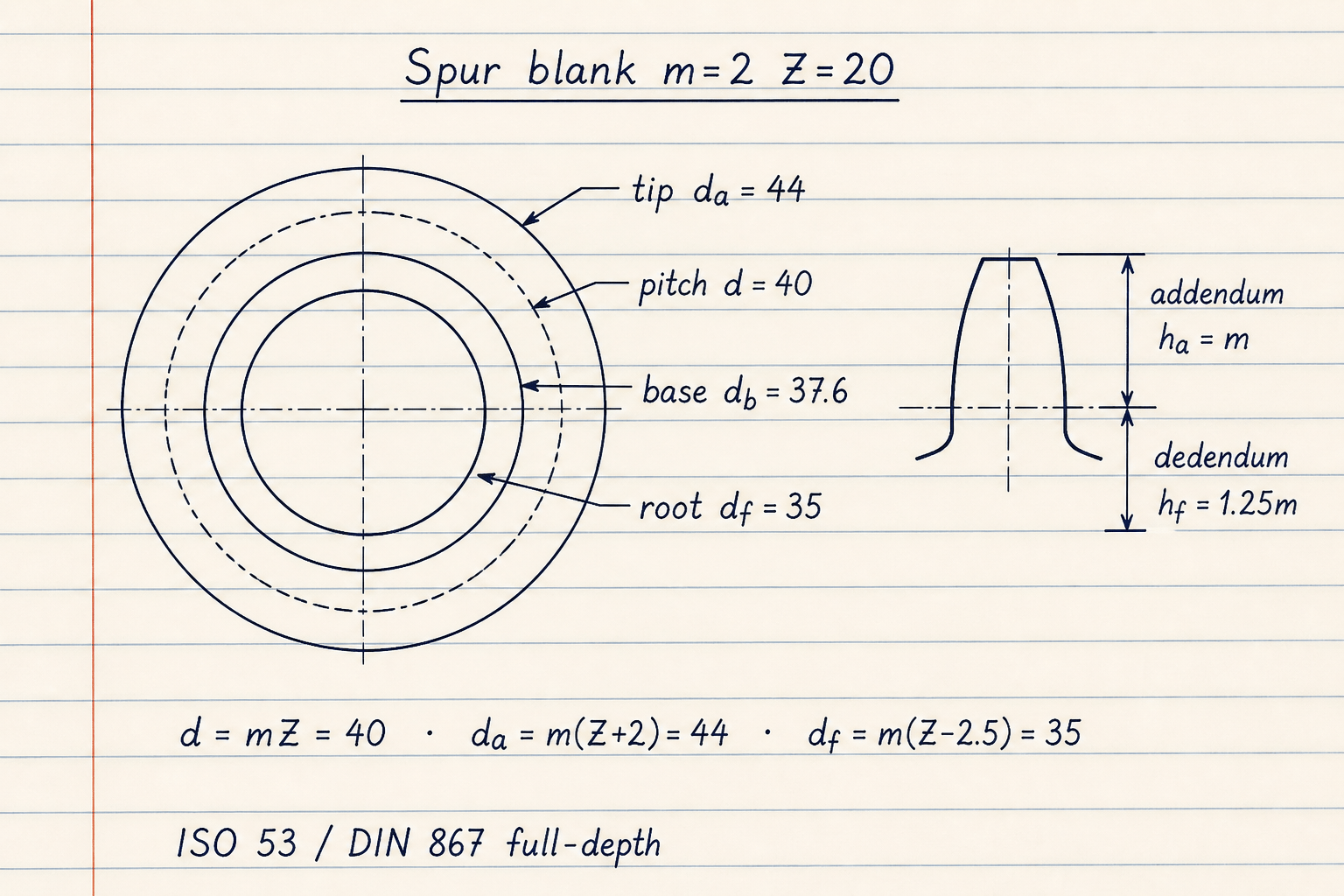 Hand-drawn spur gear blank with tip pitch base and root diameters for module 2 and 20 teeth