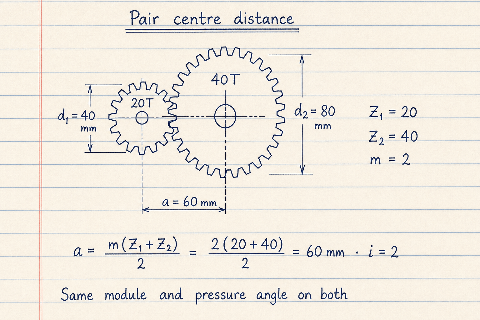 Hand-drawn 20 tooth and 40 tooth spur pair with centre distance 60 mm