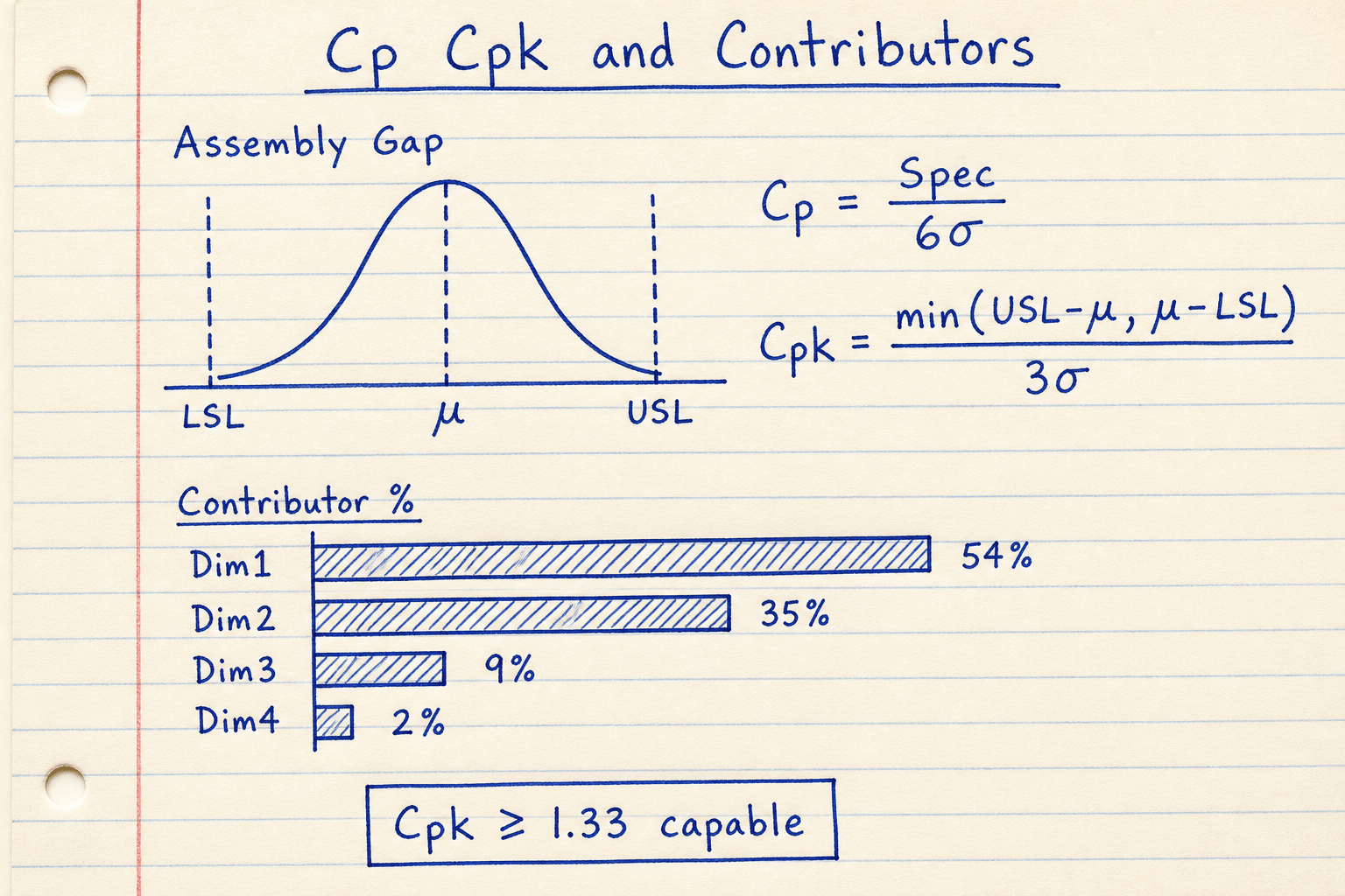 Notebook sketch of gap distribution between LSL and USL with Cp Cpk formulas and contributor percent bars