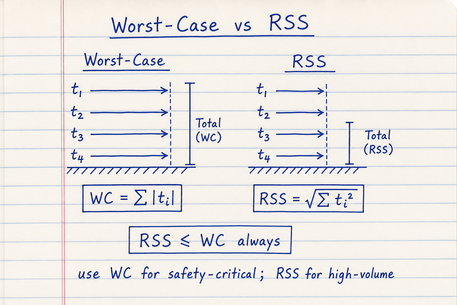 Notebook sketch comparing worst-case arithmetic stack to RSS root-sum-square with RSS less than or equal to WC
