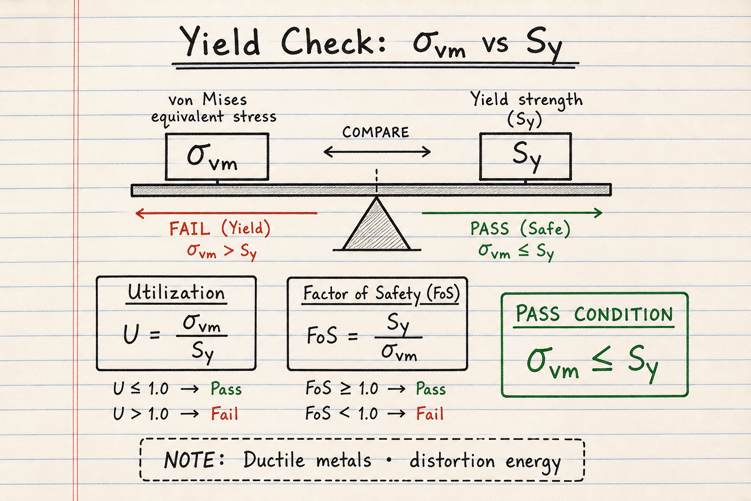 Lined-notebook sketch comparing von Mises stress to yield strength with utilization and factor of safety