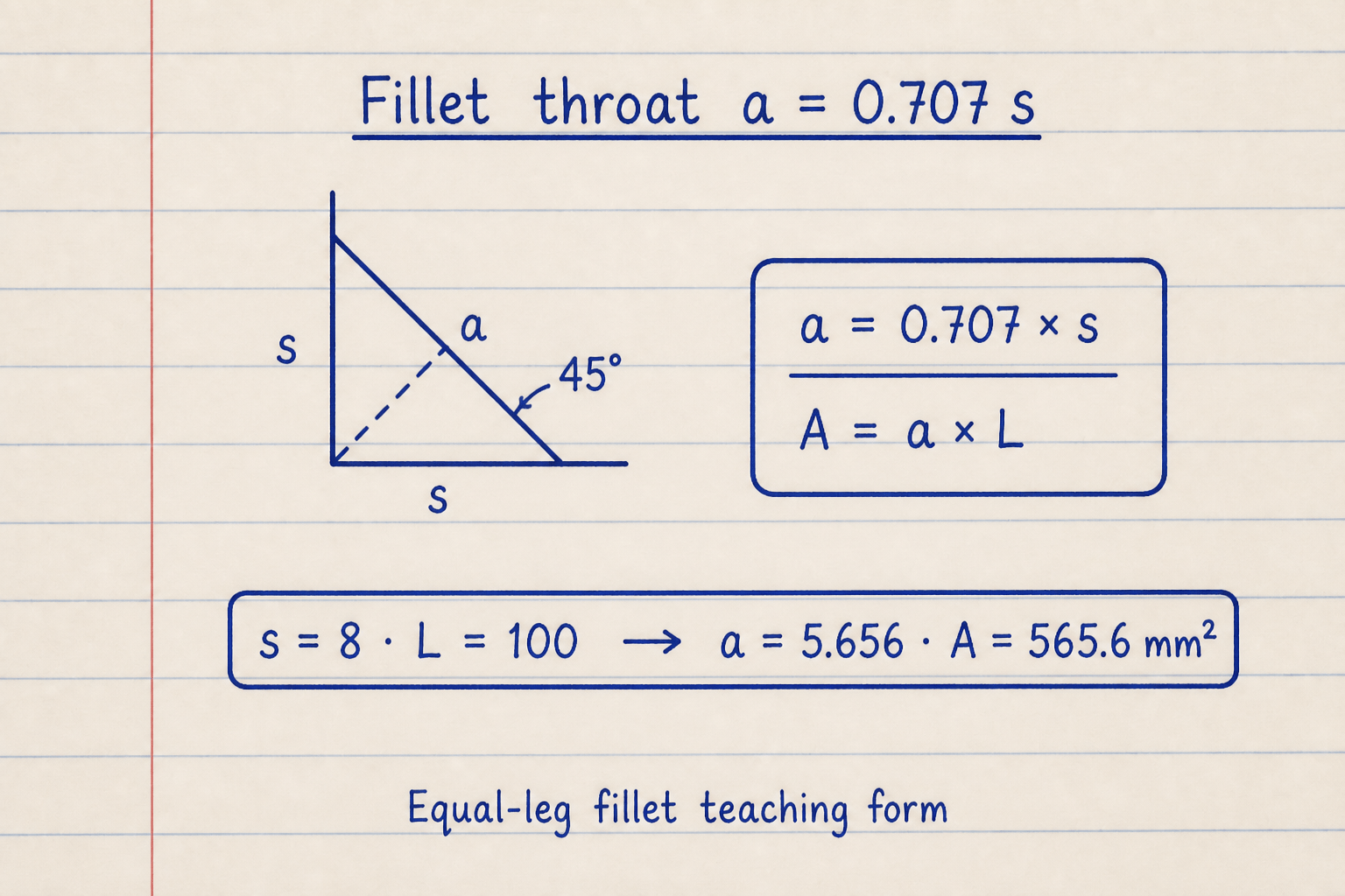 Lined notebook equal-leg fillet with 45 degree throat a equals 0.707 s and 565.6 mm² area example