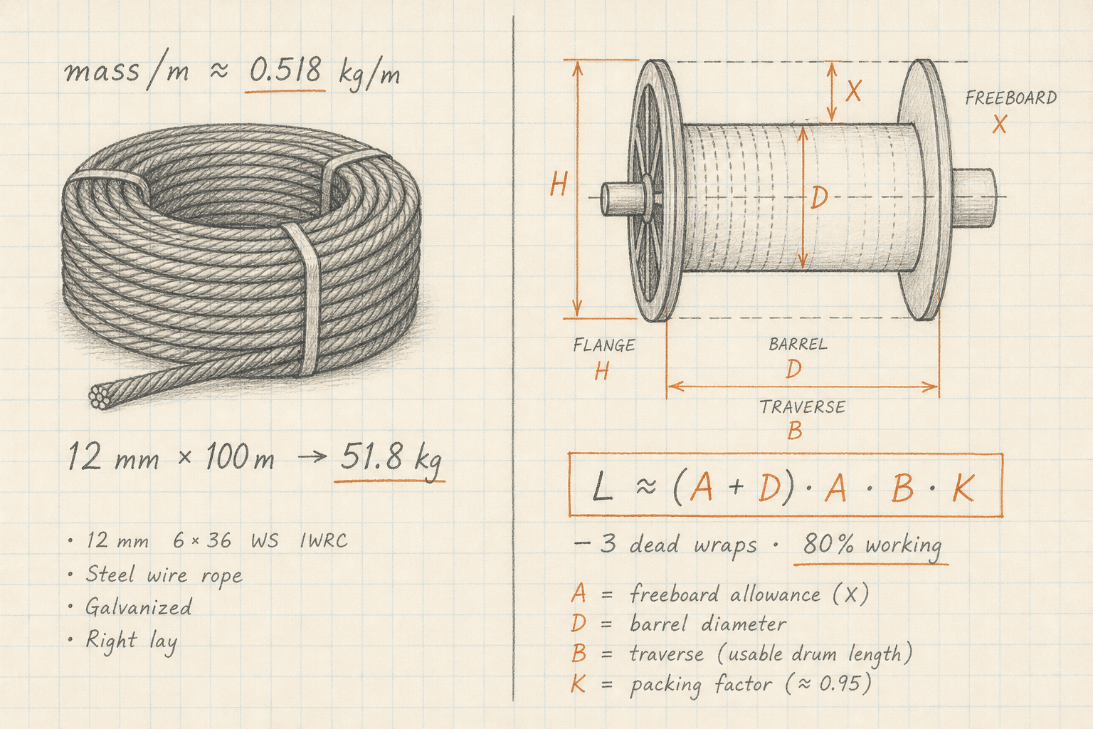 Notebook sketch of wire rope mass per metre and reel capacity with freeboard and dead wraps